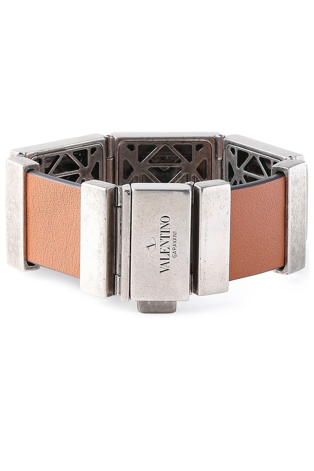 VALENTINO GARAVANI Studded gunmetal-tone and leather bracelet