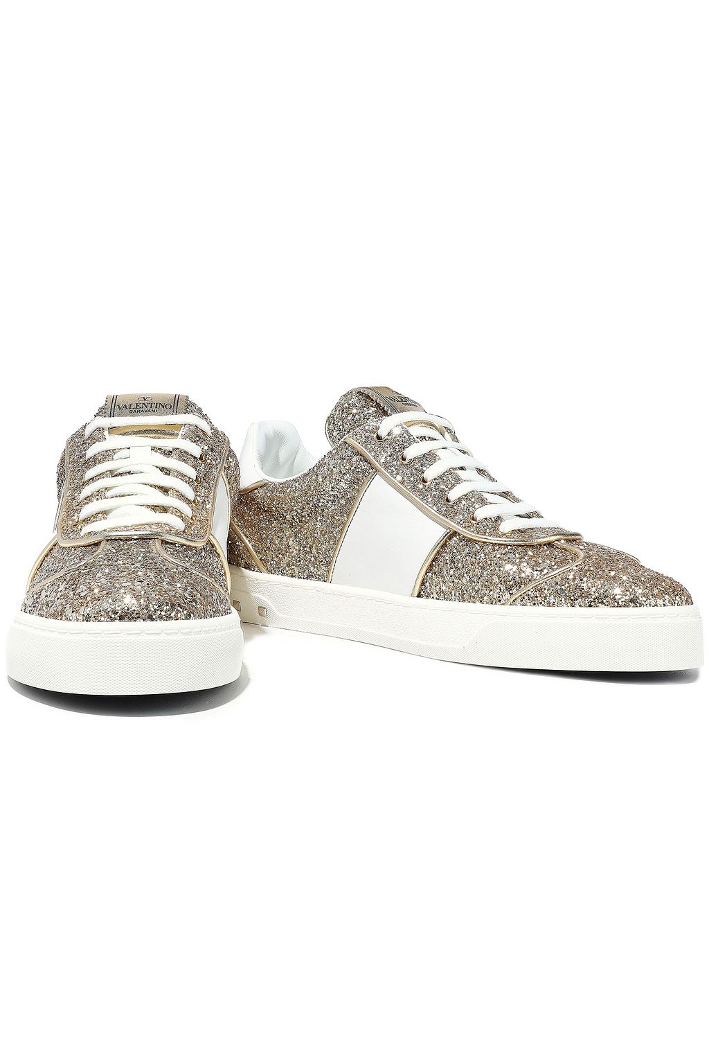 VALENTINO GARAVANI Rockstud Sneakers aus Leder mit Glitter-Finish und Metallic-Besatz