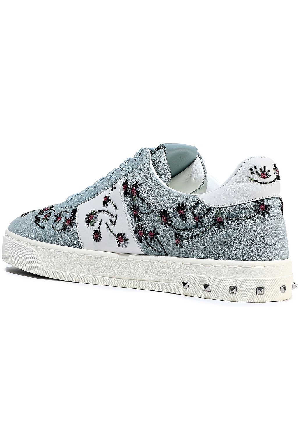VALENTINO GARAVANI Open embellished leather-trimmed suede sneakers