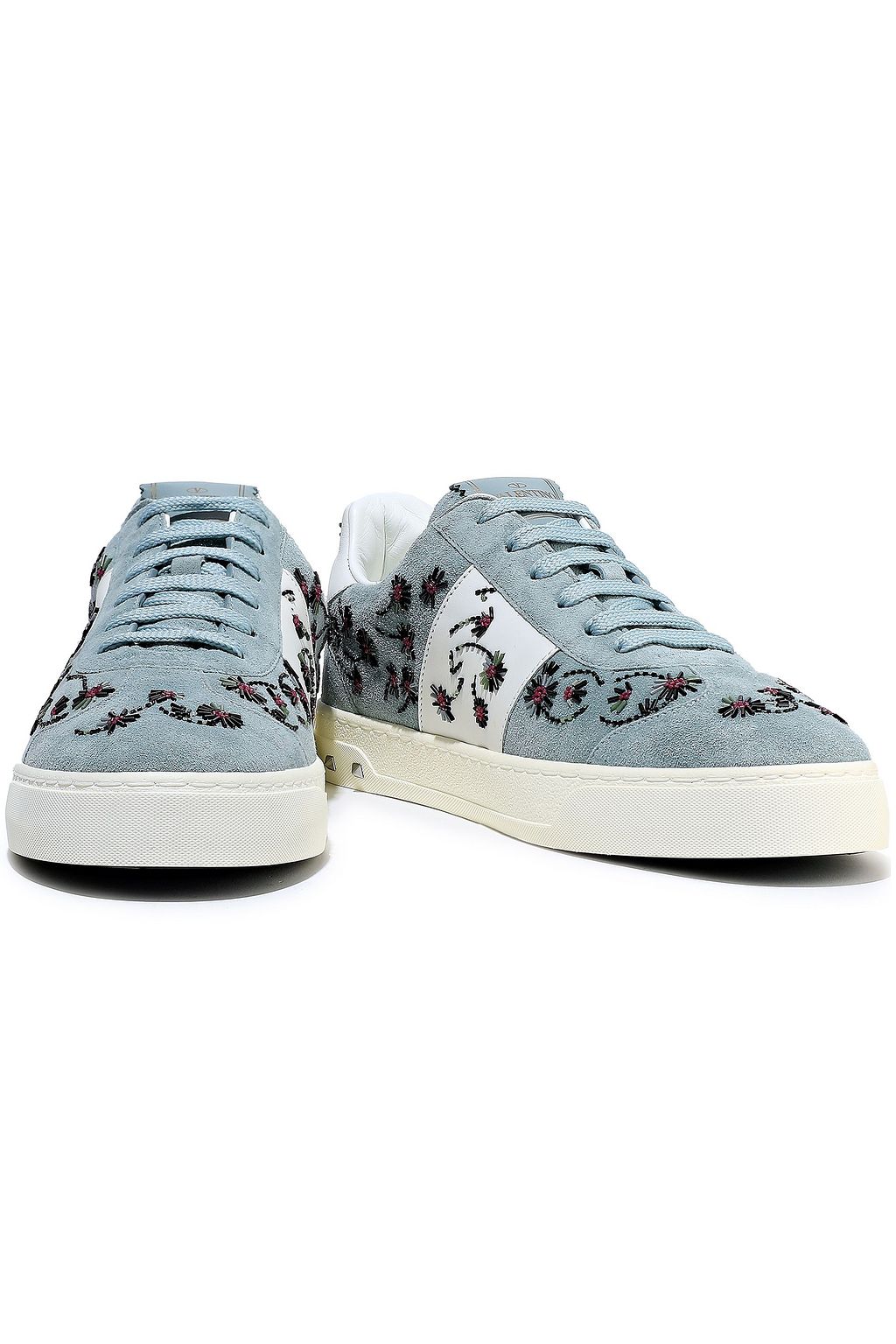 VALENTINO GARAVANI Open embellished leather-trimmed suede sneakers