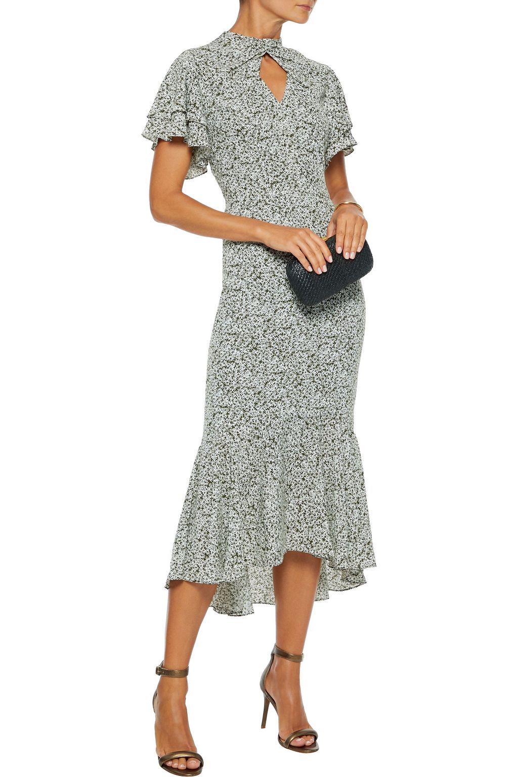 MIKAEL AGHAL Fluted cutout floral-print crepe de chine midi dress