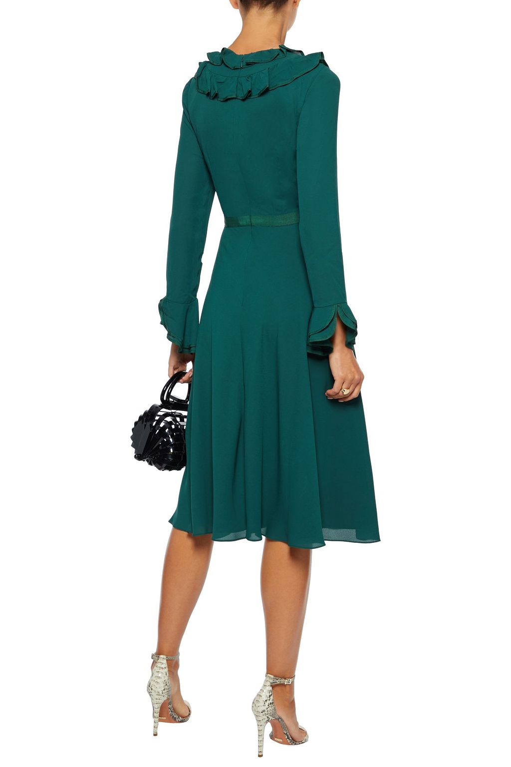 MIKAEL AGHAL Flared grosgrain-trimmed ruffled crepe de chine dress