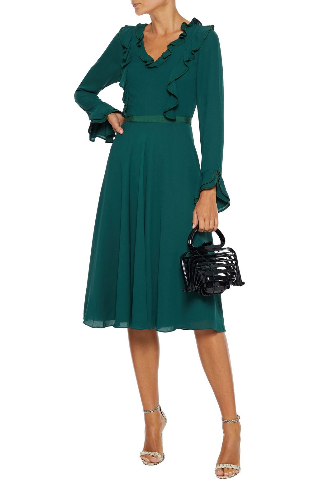 MIKAEL AGHAL Flared grosgrain-trimmed ruffled crepe de chine dress