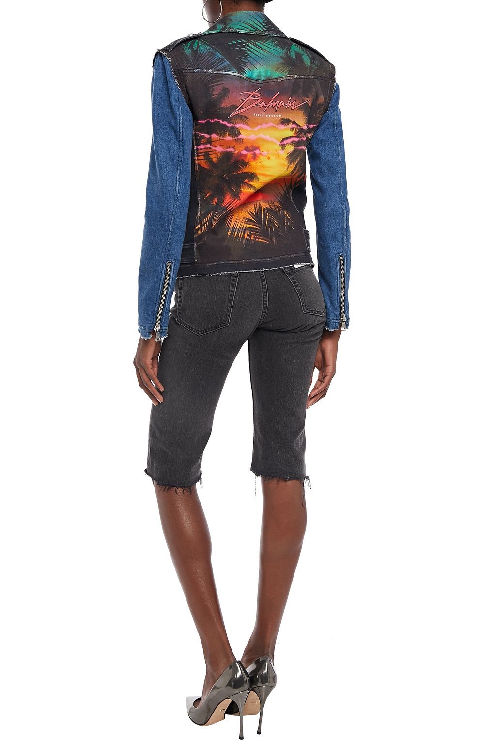 BALMAIN Frayed printed denim biker jacket