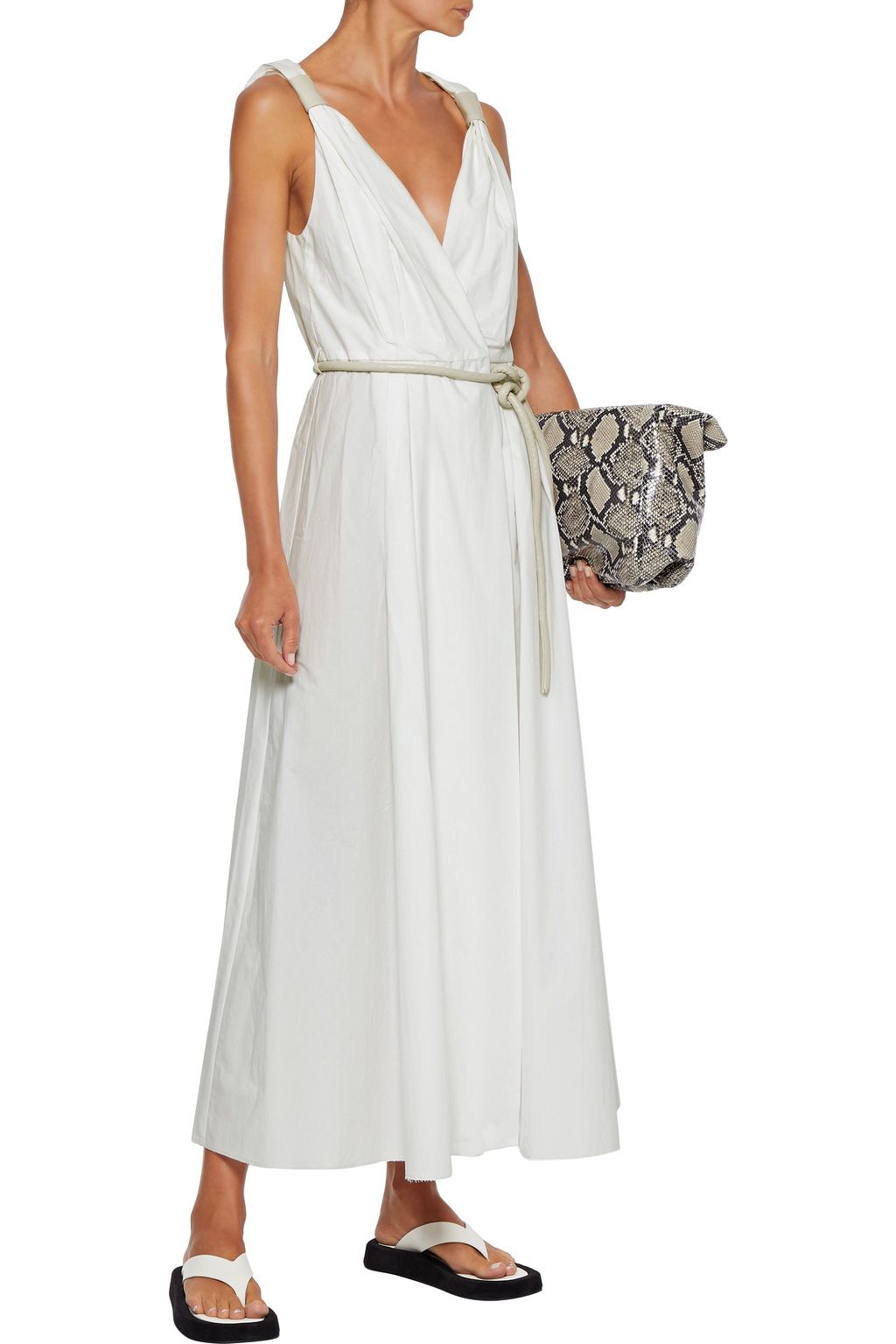 NANUSHKA Lilith vegan leather-trimmed pleated cotton-poplin maxi wrap dress
