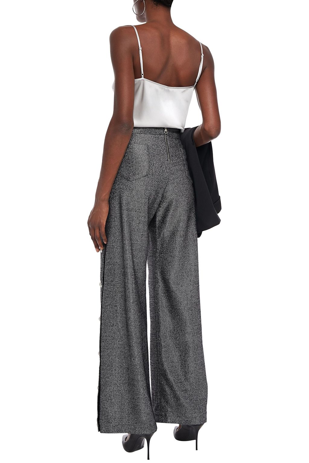 BALMAIN Button-embellished metallic wool-blend crepe wide-leg pants