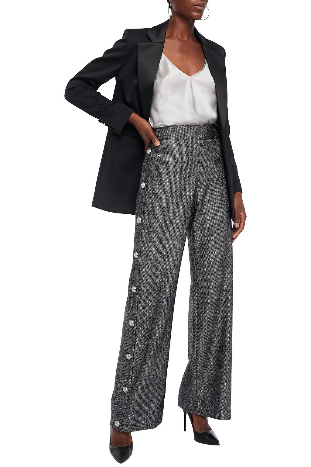 BALMAIN Button-embellished metallic wool-blend crepe wide-leg pants