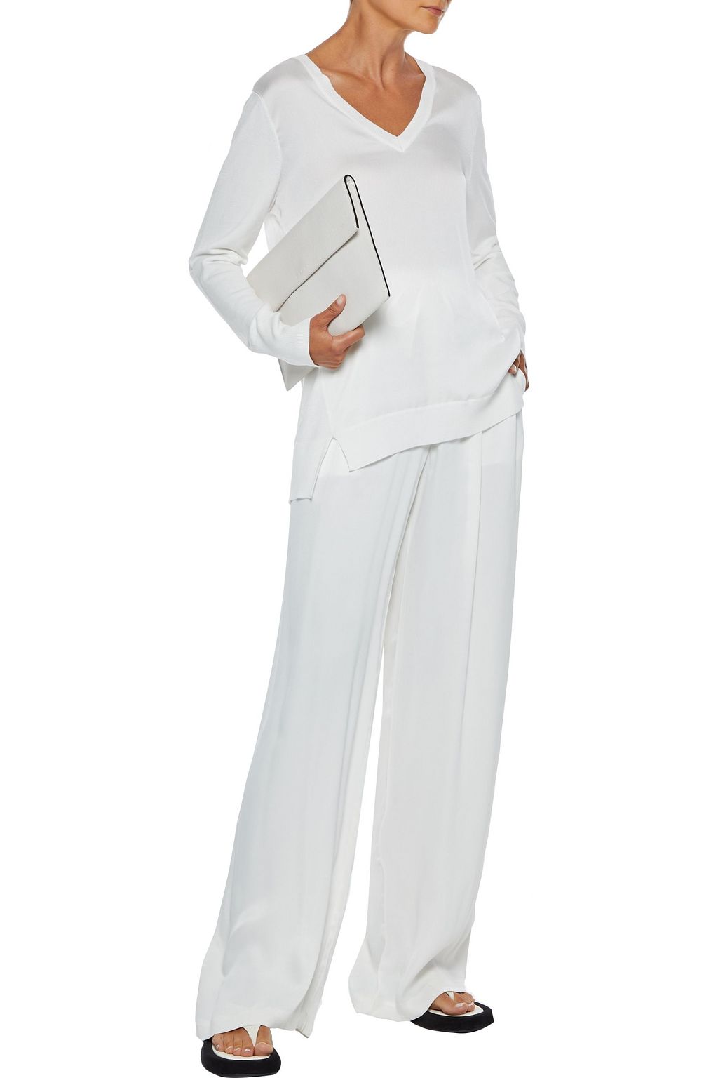 DKNY Hammered satin-paneled knitted sweater