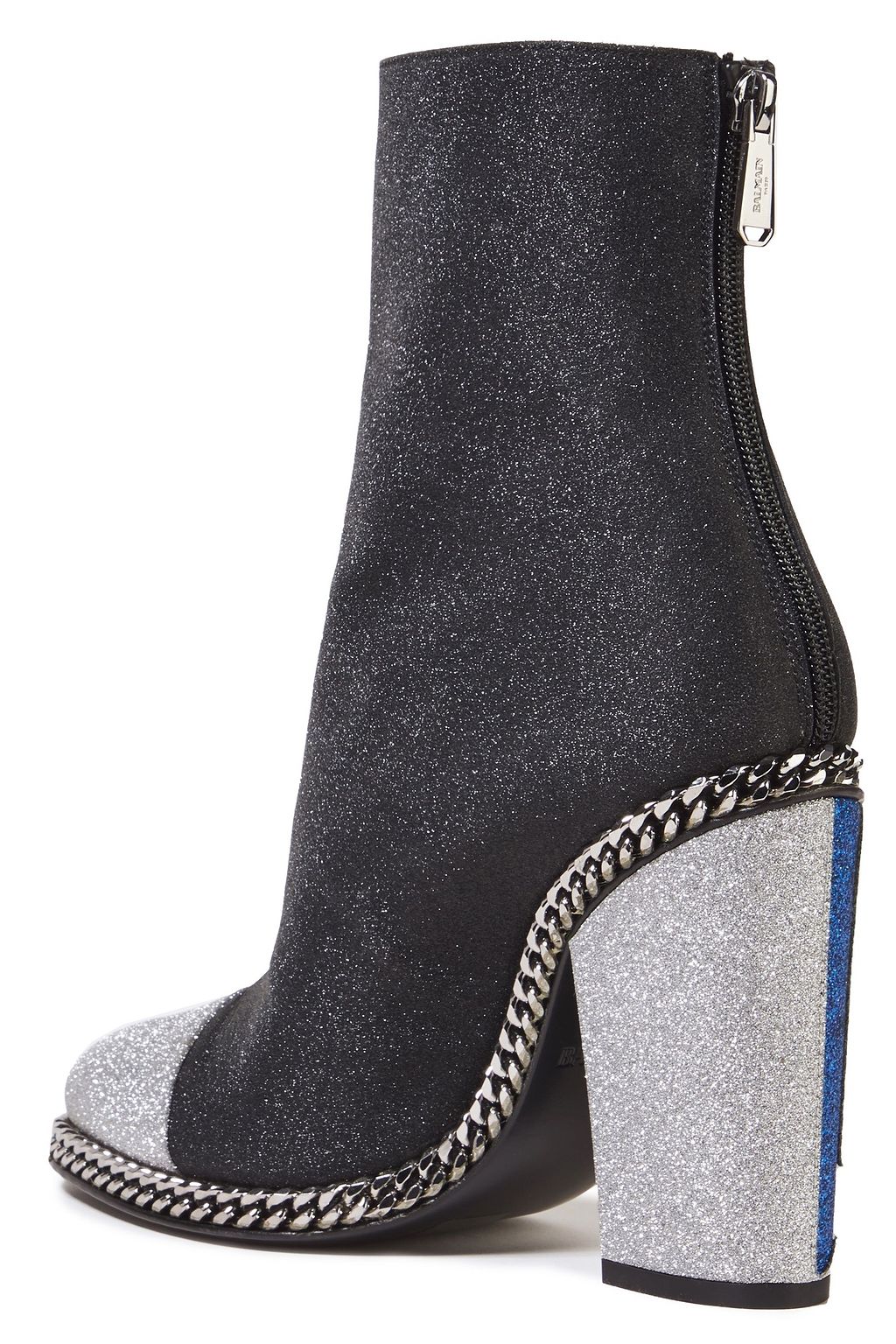 BALMAIN Chain-trimmed glittered leather ankle boots