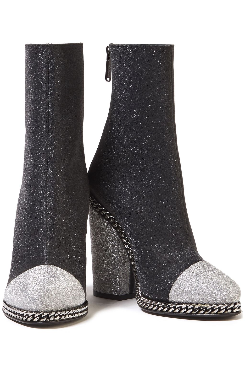 BALMAIN Chain-trimmed glittered leather ankle boots
