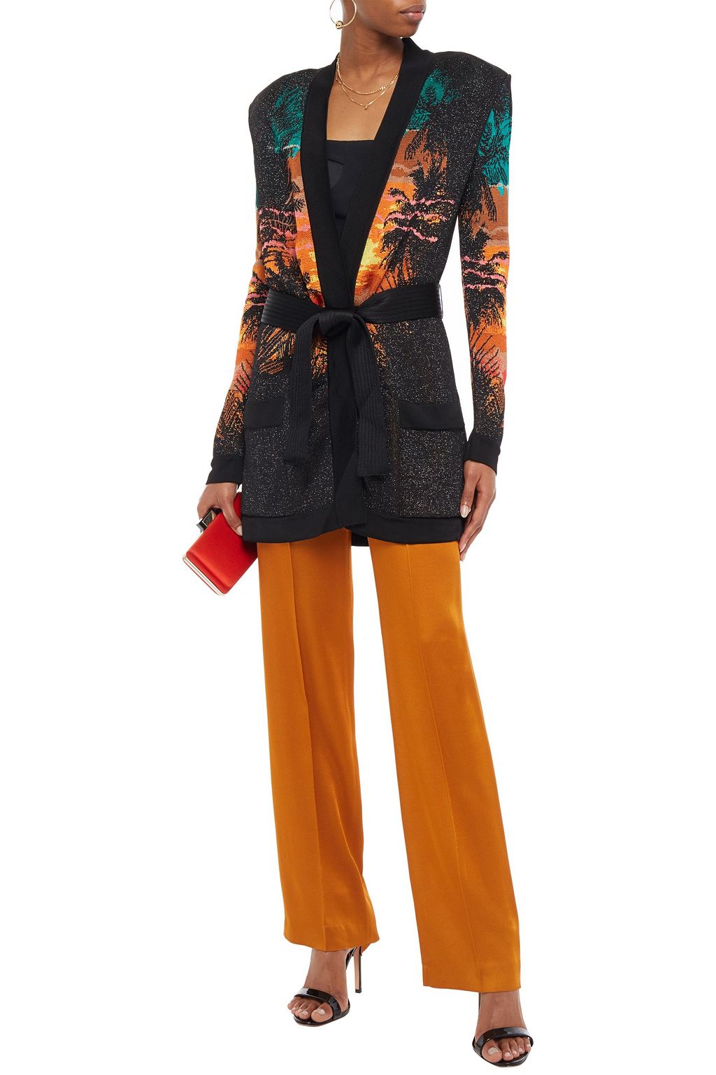 BALMAIN Belted metallic jacquard-knit cardigan