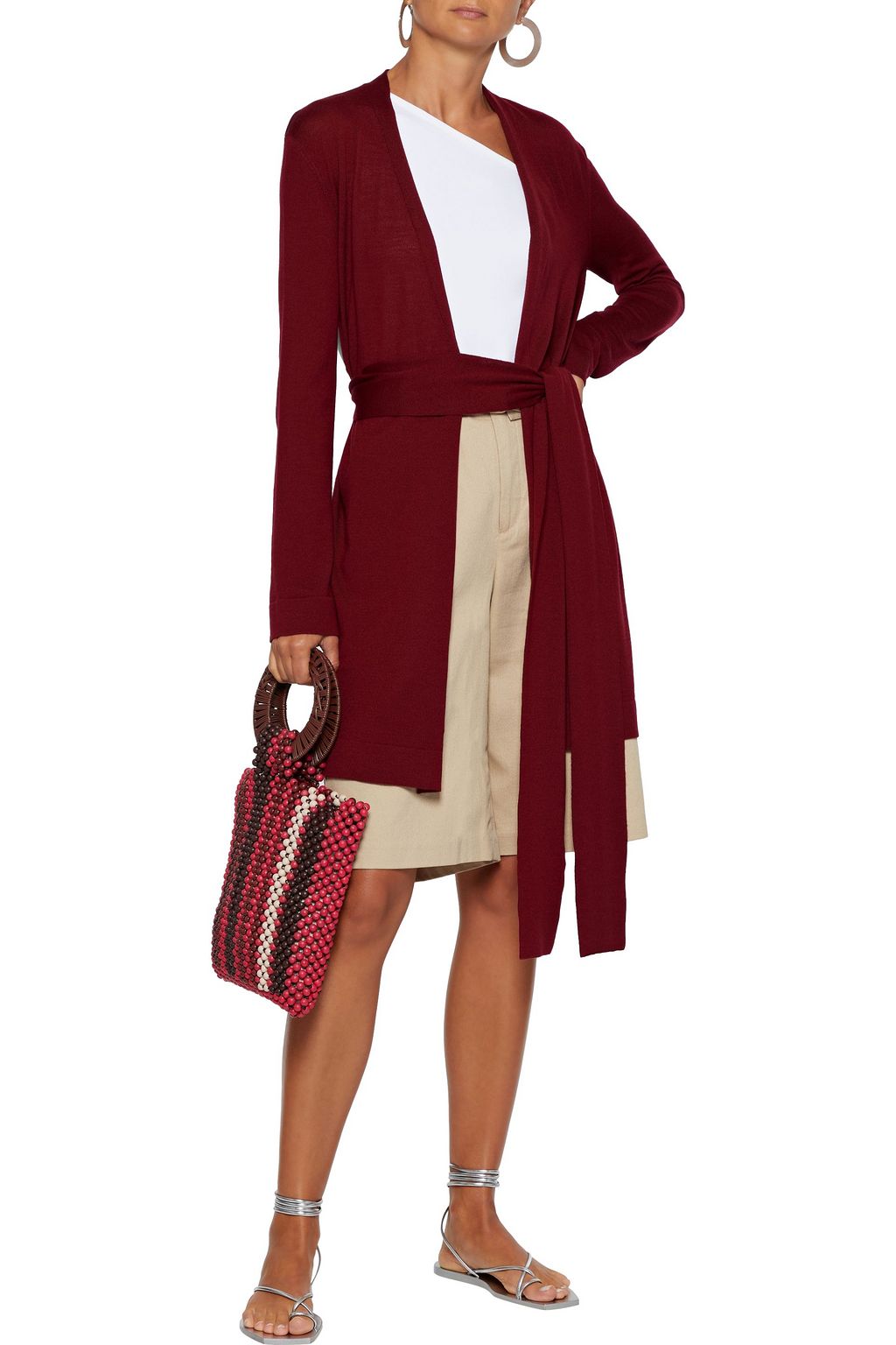 PUCCI Belted printed silk twill-paneled wool cardigan