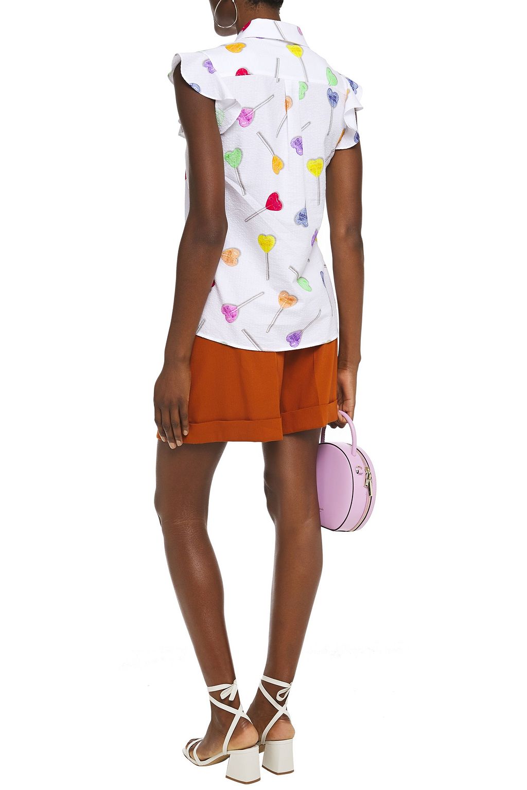 LOVE MOSCHINO Ruffle-trimmed printed cotton-seersucker shirt