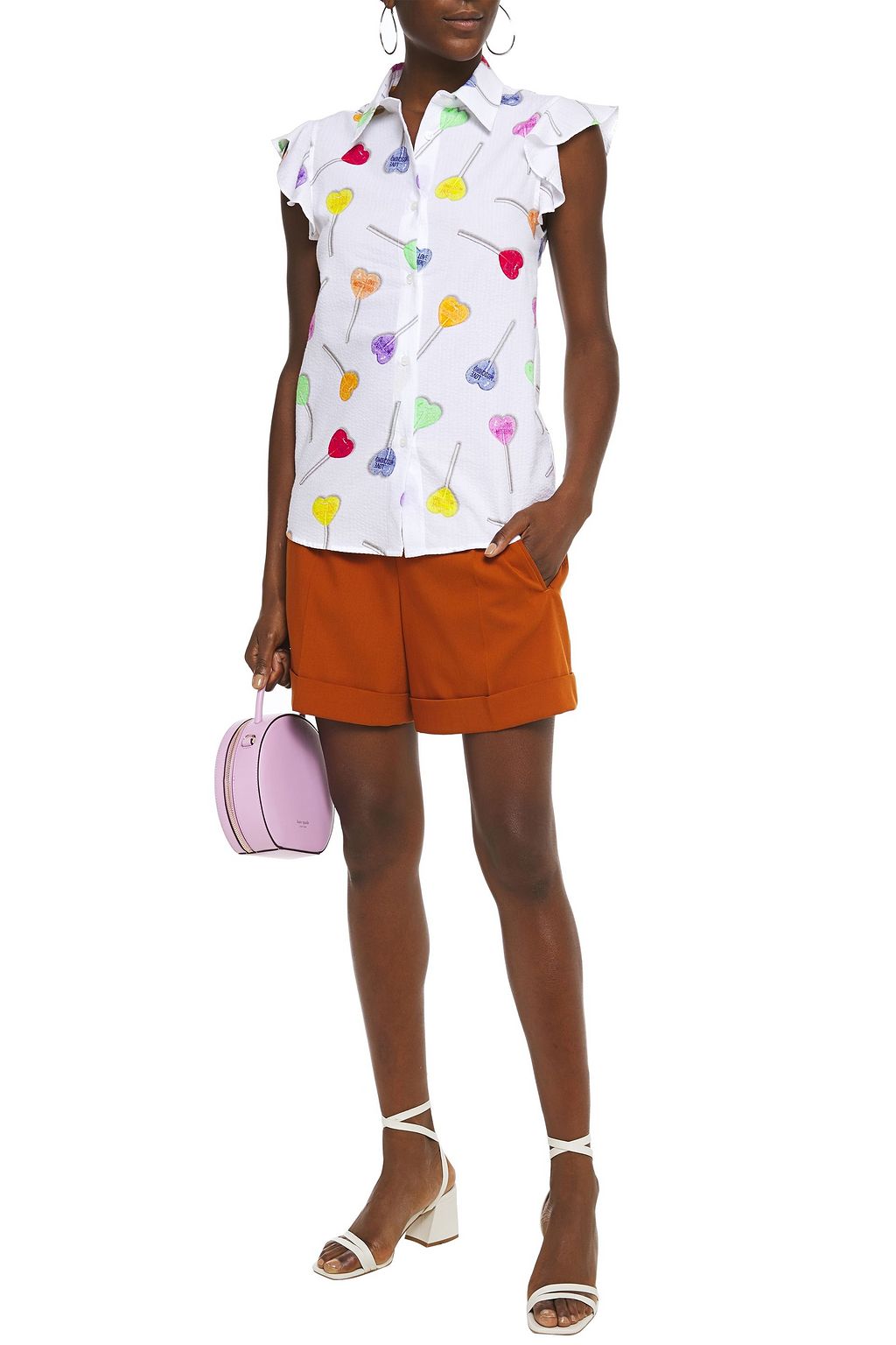 LOVE MOSCHINO Ruffle-trimmed printed cotton-seersucker shirt