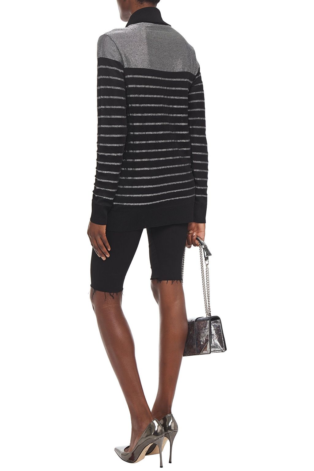 BALMAIN Embellished metallic striped stretch-knit turtleneck top