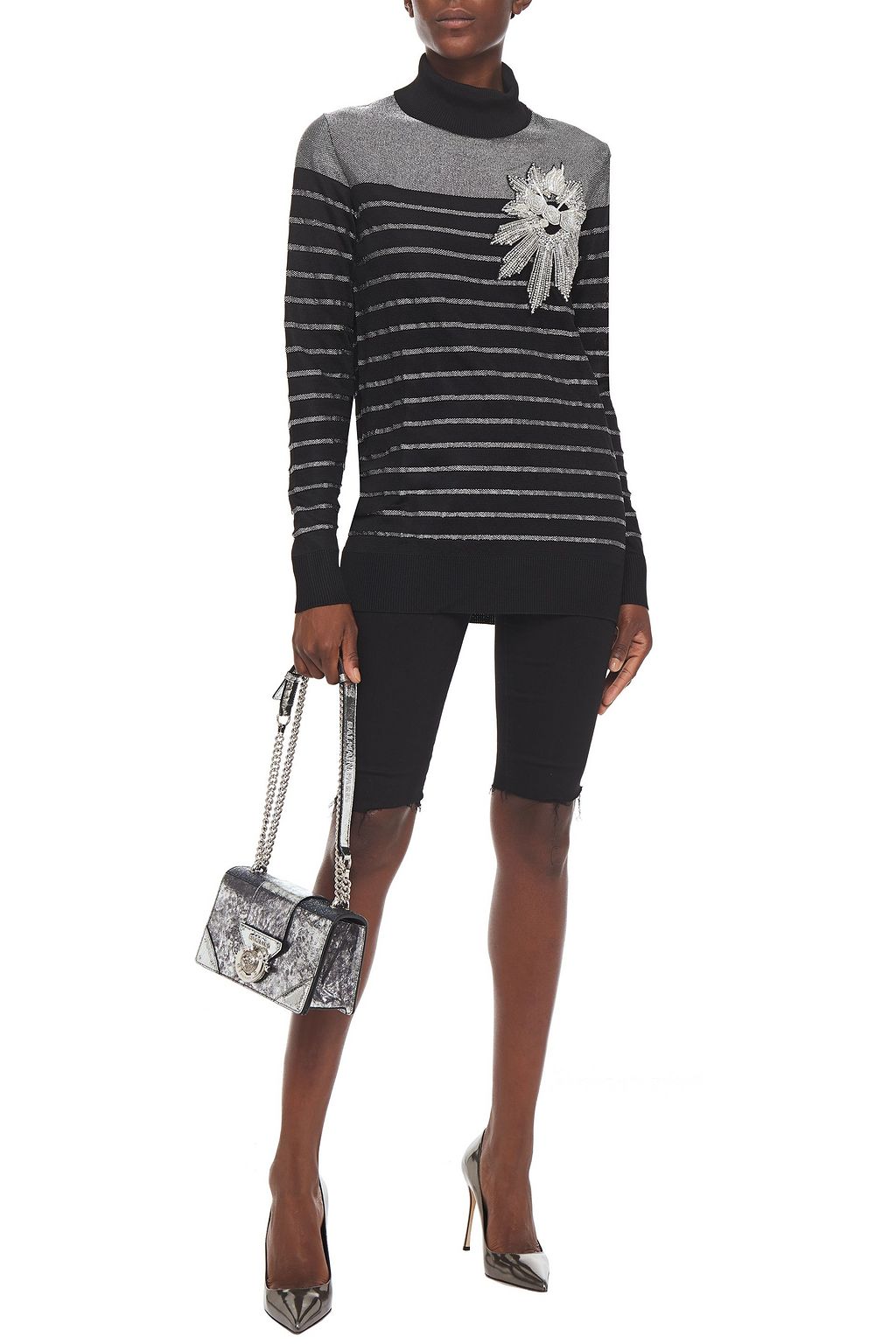 BALMAIN Embellished metallic striped stretch-knit turtleneck top