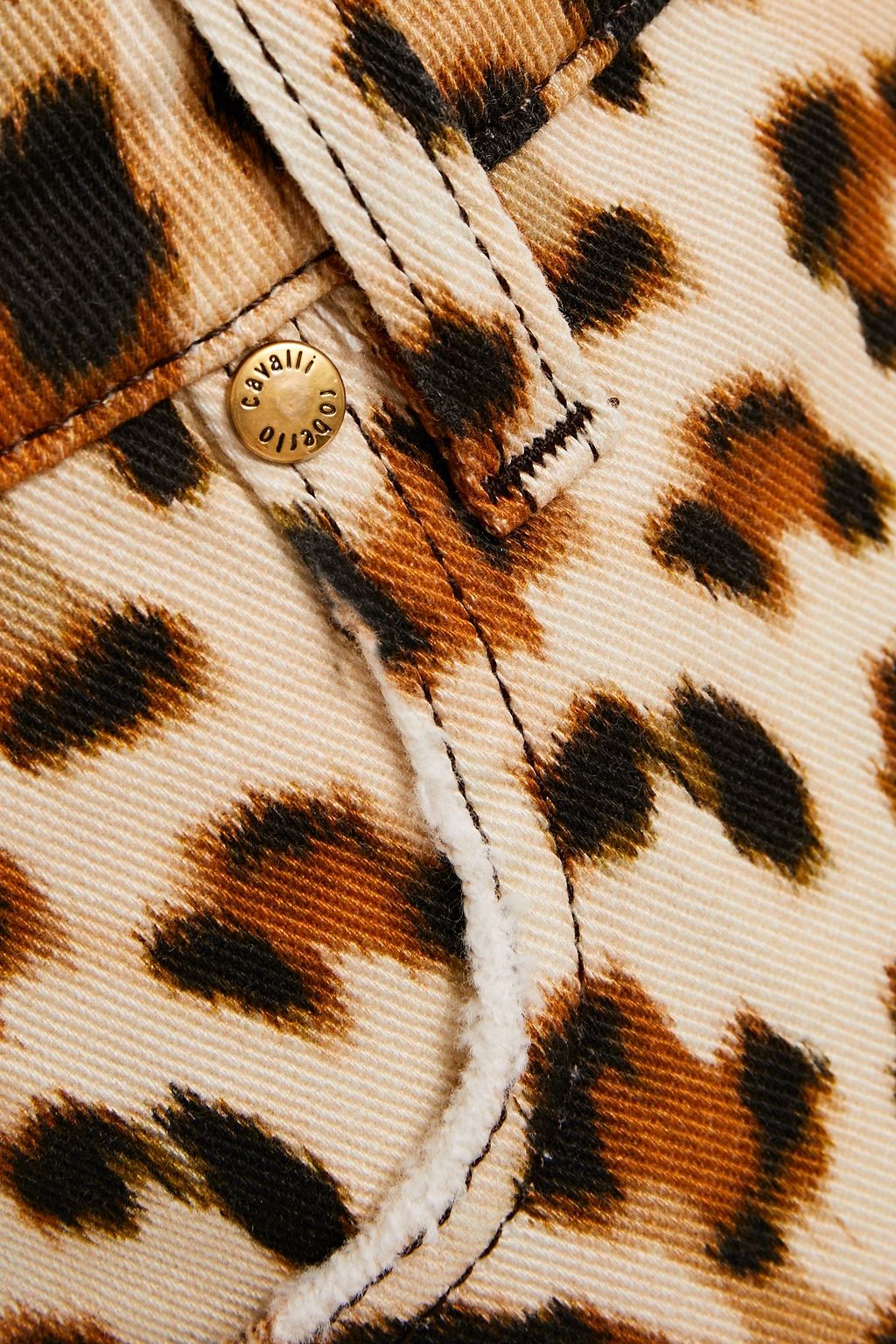 ROBERTO CAVALLI Paneled leopard-print denim mini skirt