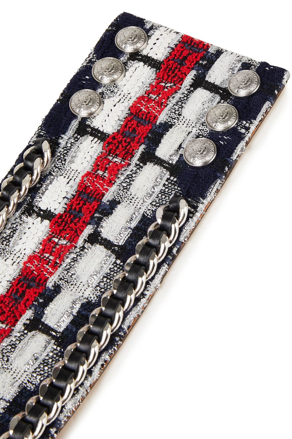 BALMAIN Chain-trimmed logo-appliquéd metallic tweed belt