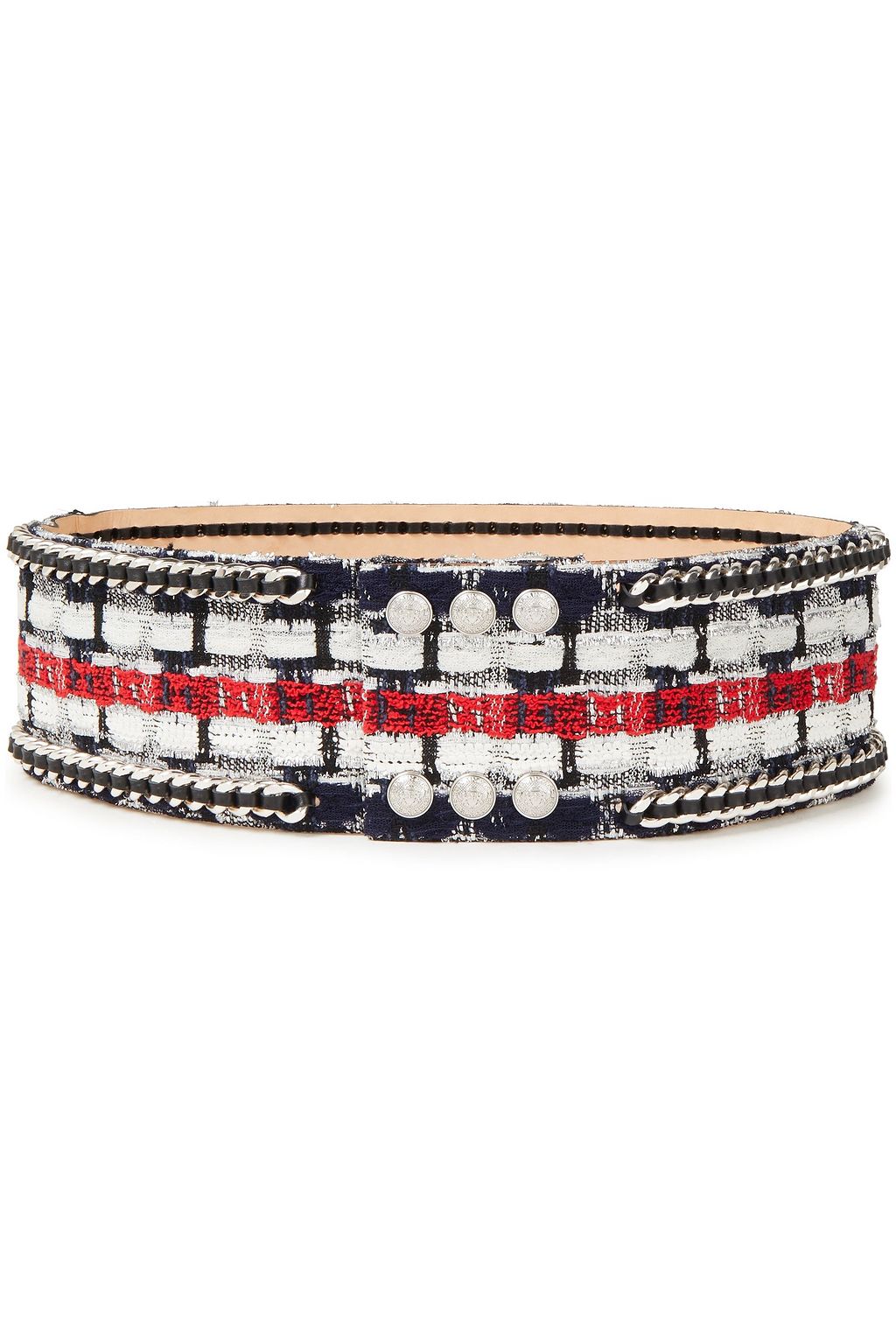 BALMAIN Chain-trimmed logo-appliquéd metallic tweed belt
