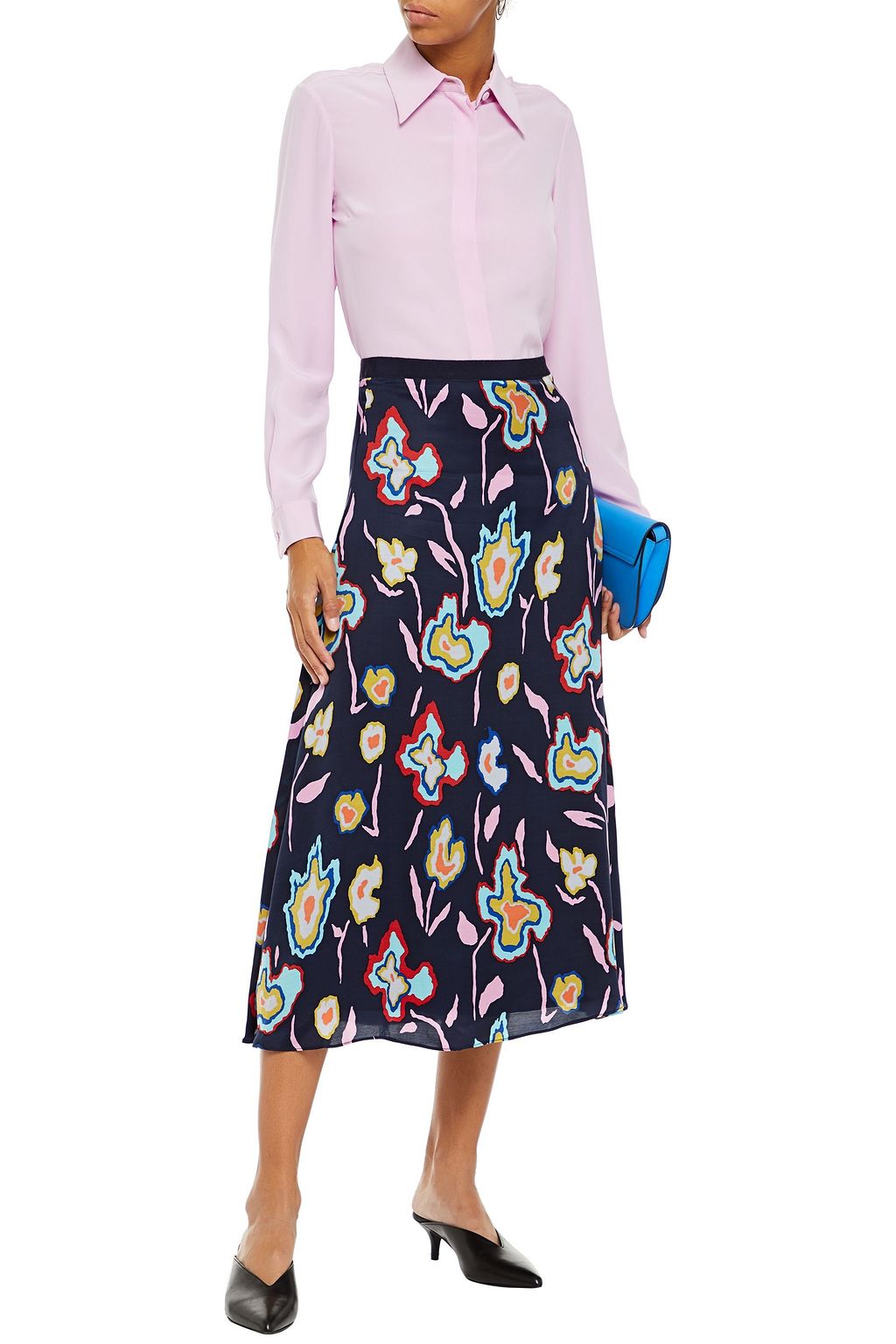 PS PAUL SMITH Grosgrain-trimmed printed satin midi skirt