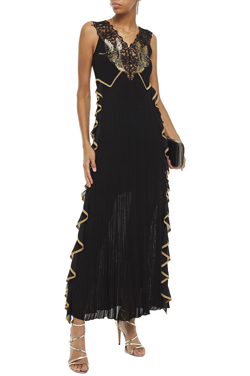 ROBERTO CAVALLI Embellished tulle-paneled ruffled crochet-knit gown