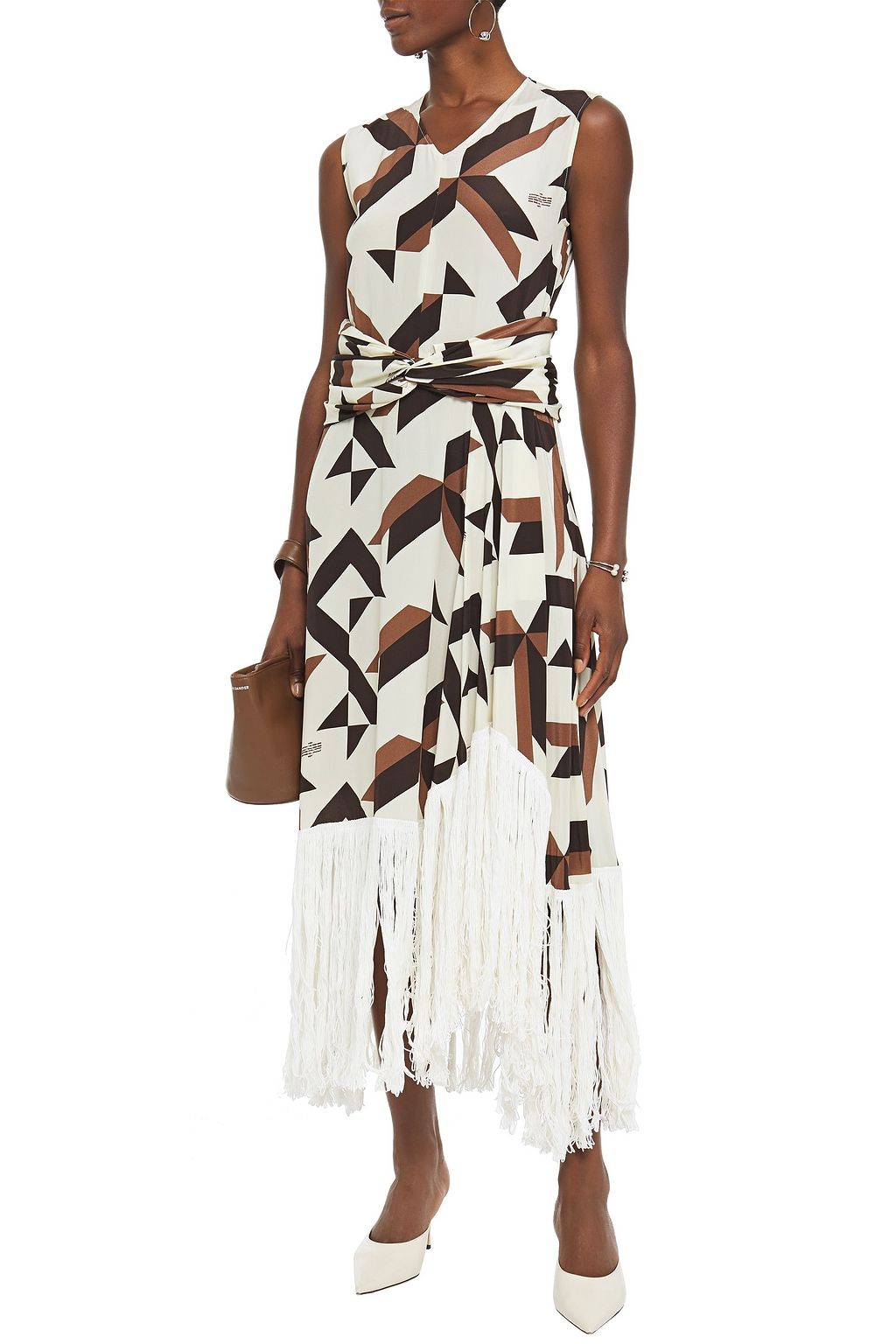 ROKH Twist-front fringed printed silk crepe de chine maxi dress