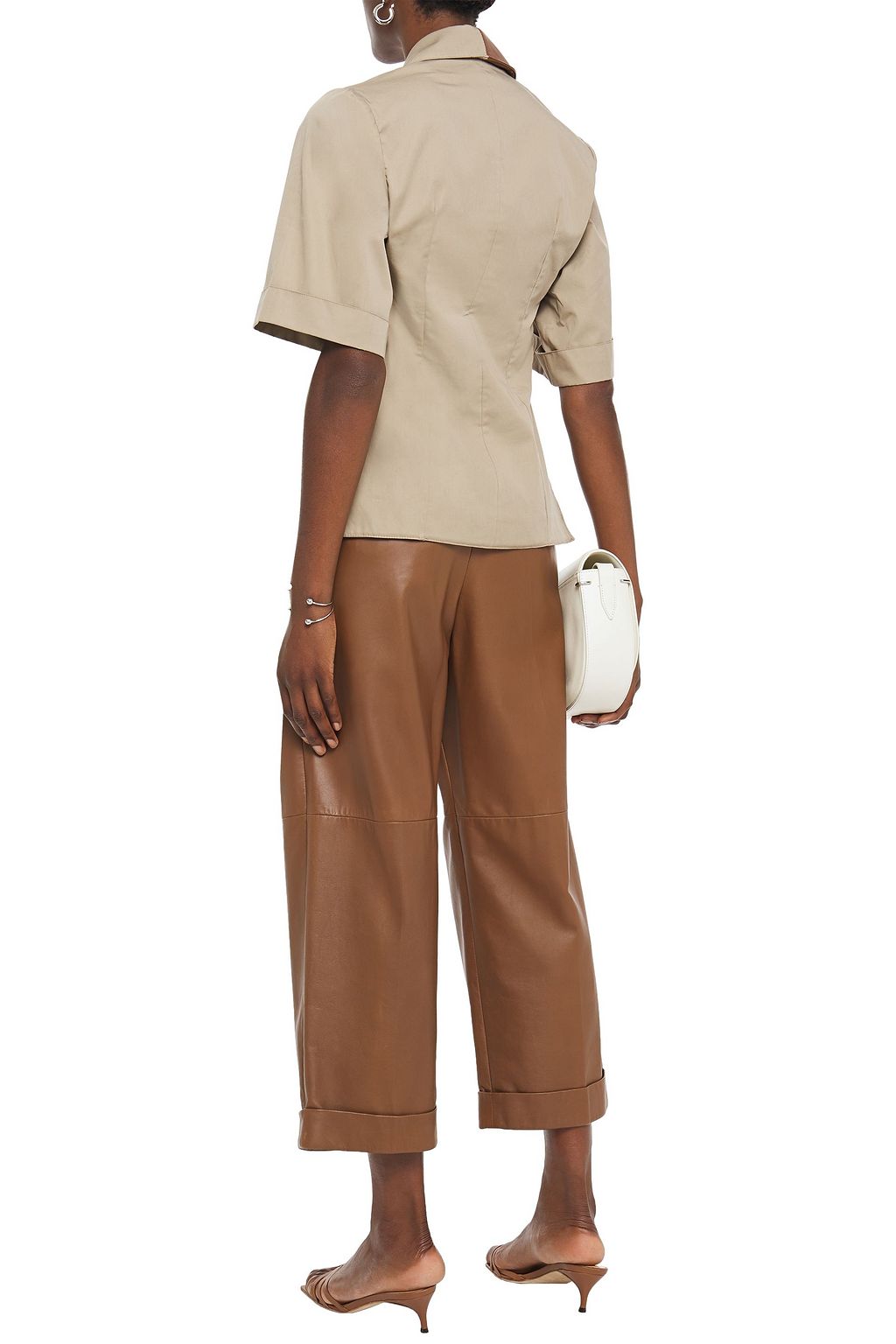 ROKH Paneled leather and cotton-twill shirt