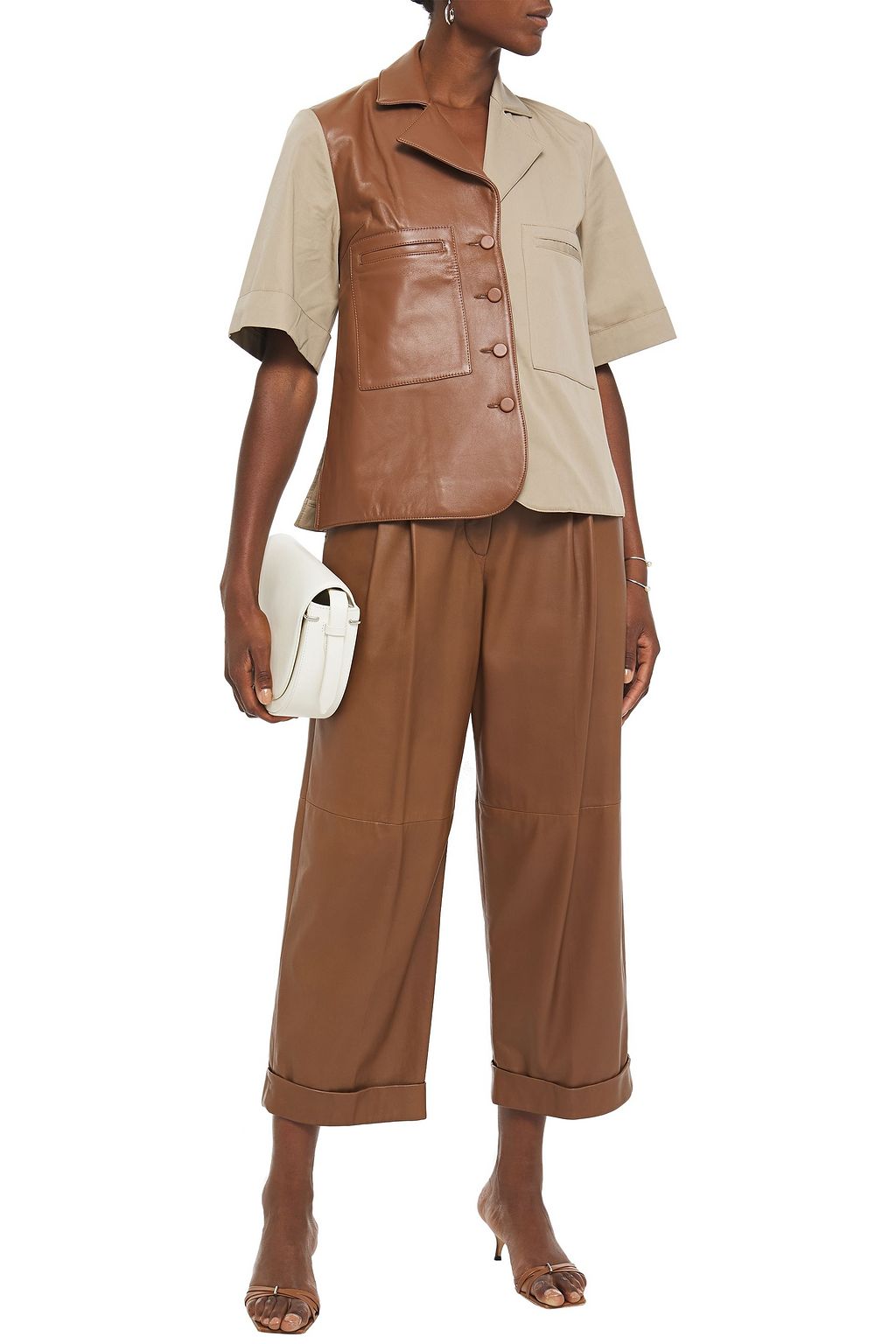 ROKH Paneled leather and cotton-twill shirt