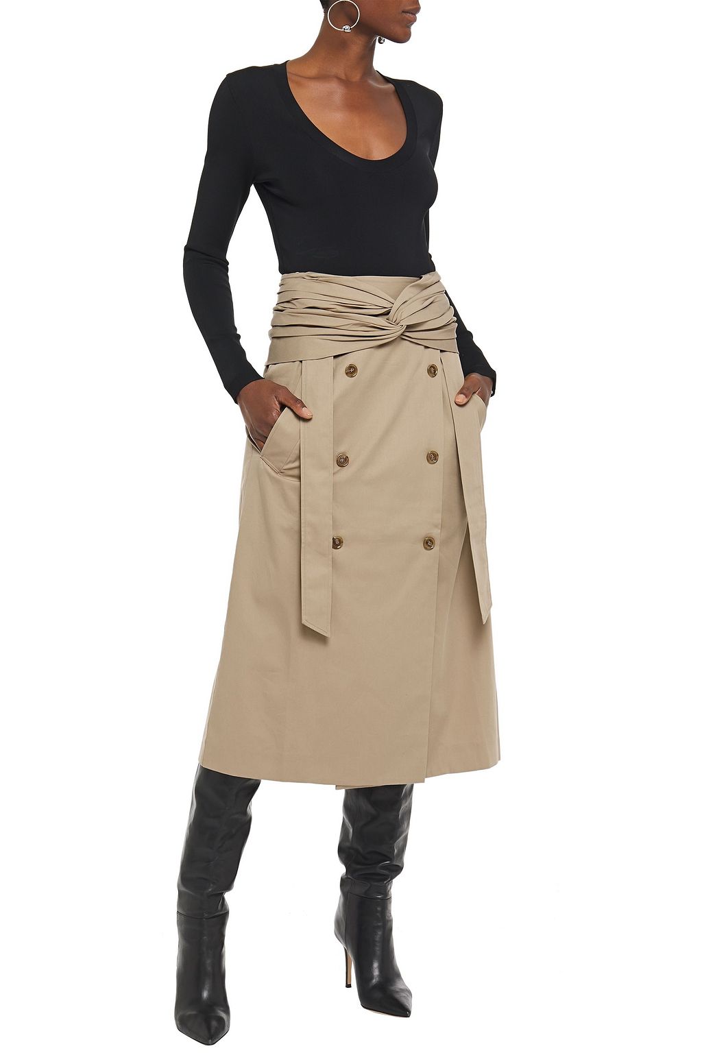 ROKH Twist-front button-embellished cotton-gabardine midi skirt