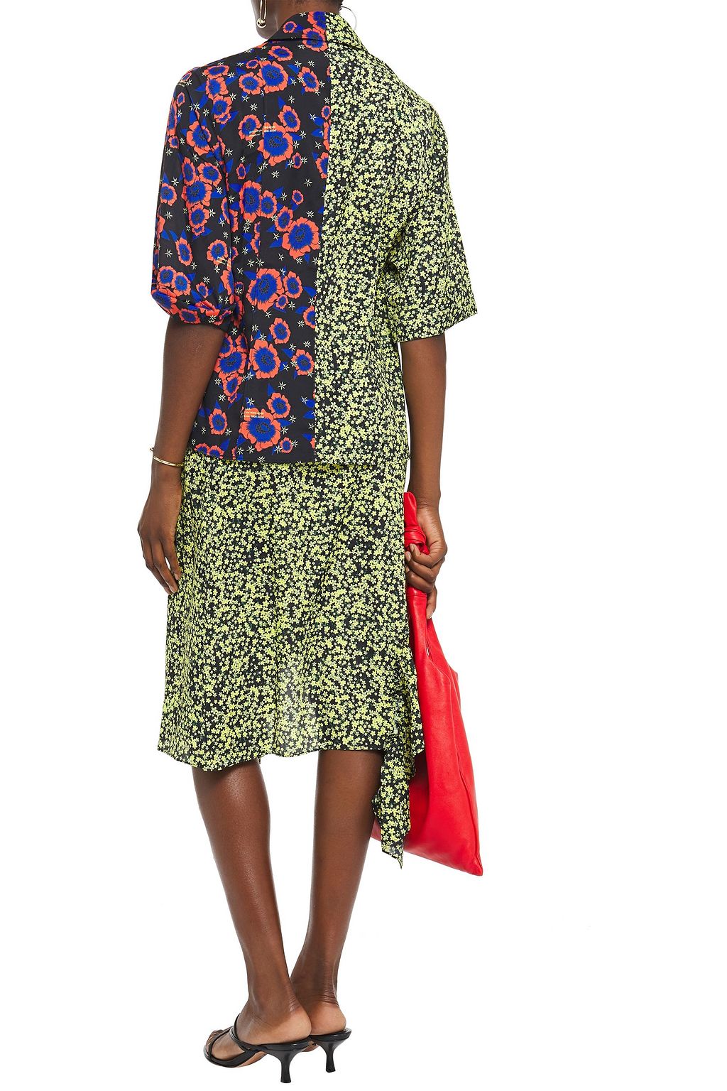 ROKH Asymmetric ruffle-trimmed floral-print crepe de chine skirt
