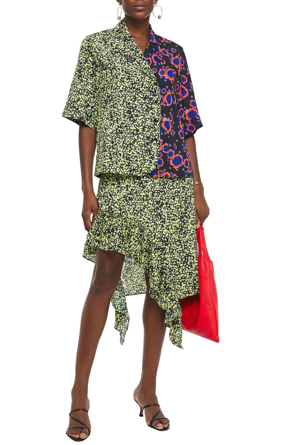 ROKH Asymmetric ruffle-trimmed floral-print crepe de chine skirt