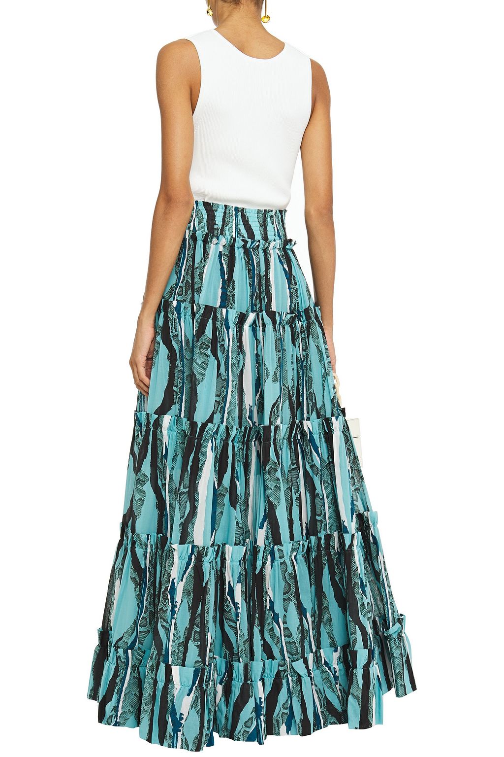 ROBERTO CAVALLI Tiered shirred snake-print cotton-broadcloth maxi skirt