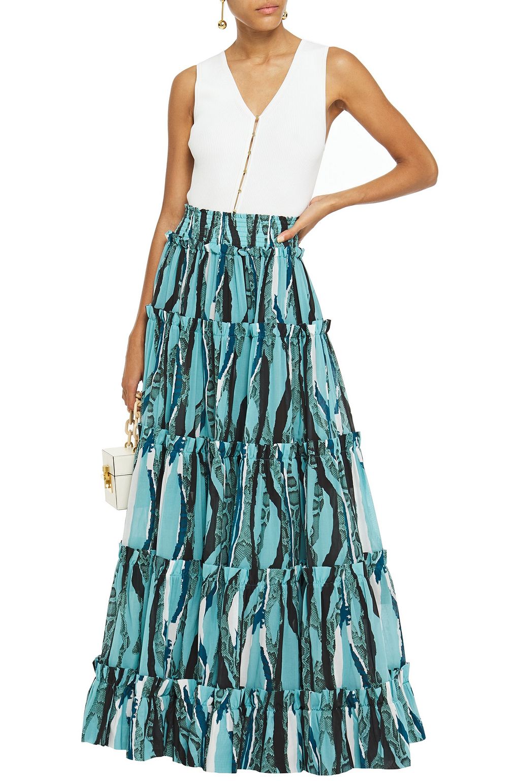 ROBERTO CAVALLI Tiered shirred snake-print cotton-broadcloth maxi skirt