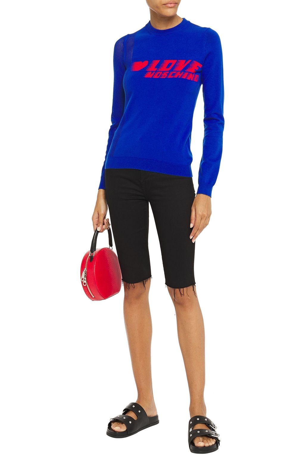 LOVE MOSCHINO Paneled jacquard and open-knit sweater