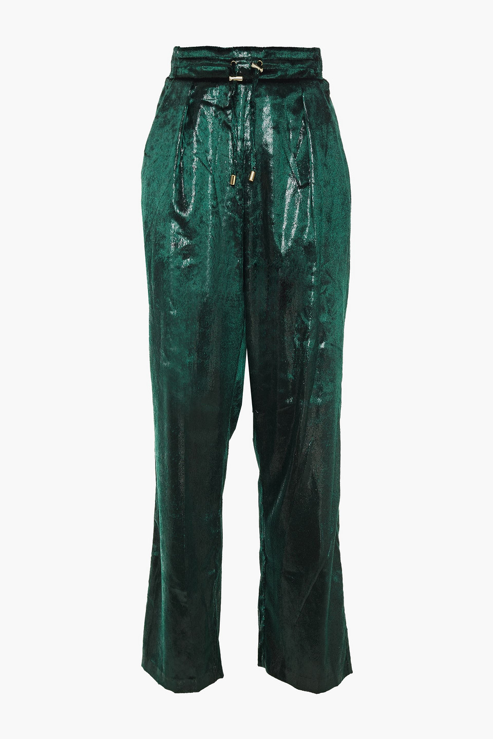 Balmain Woman Metallic Crinkled-velvet Wide-leg Pants Emerald Size 34