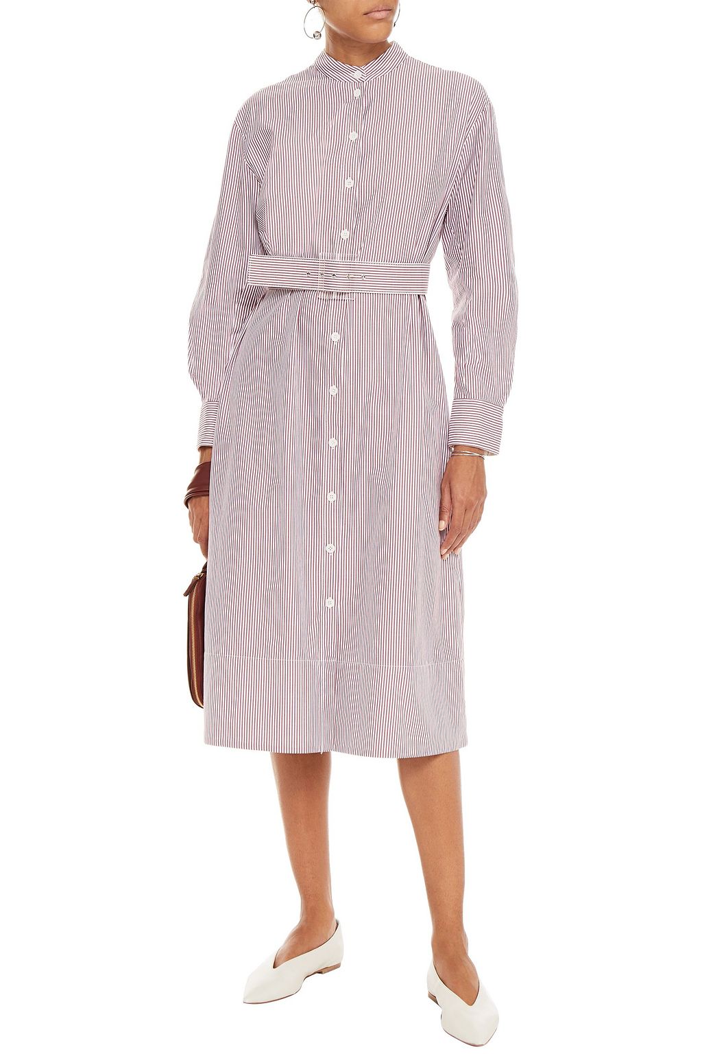 TIBI Belted striped cotton-poplin midi shirt dress