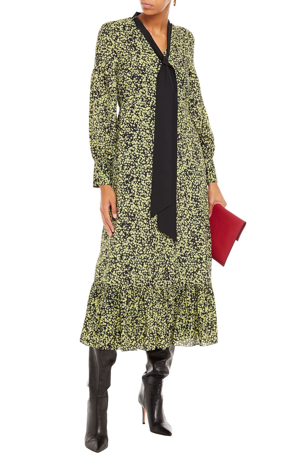 ROKH Tie-neck floral-print crepe de chine midi dress