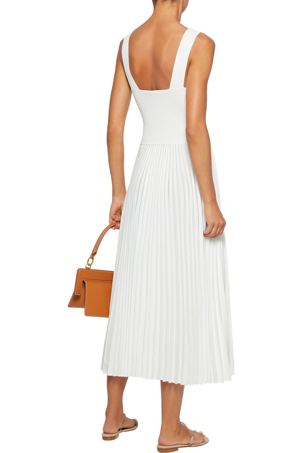 THEORY Ribbed-knit and pleated satin-crepe midi dress
