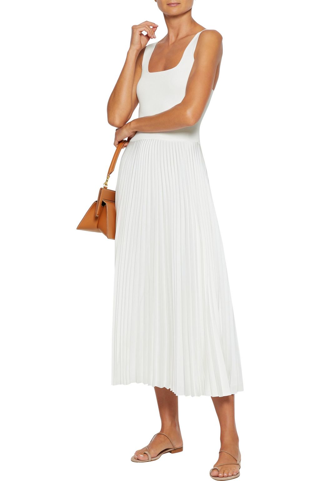 THEORY Ribbed-knit and pleated satin-crepe midi dress