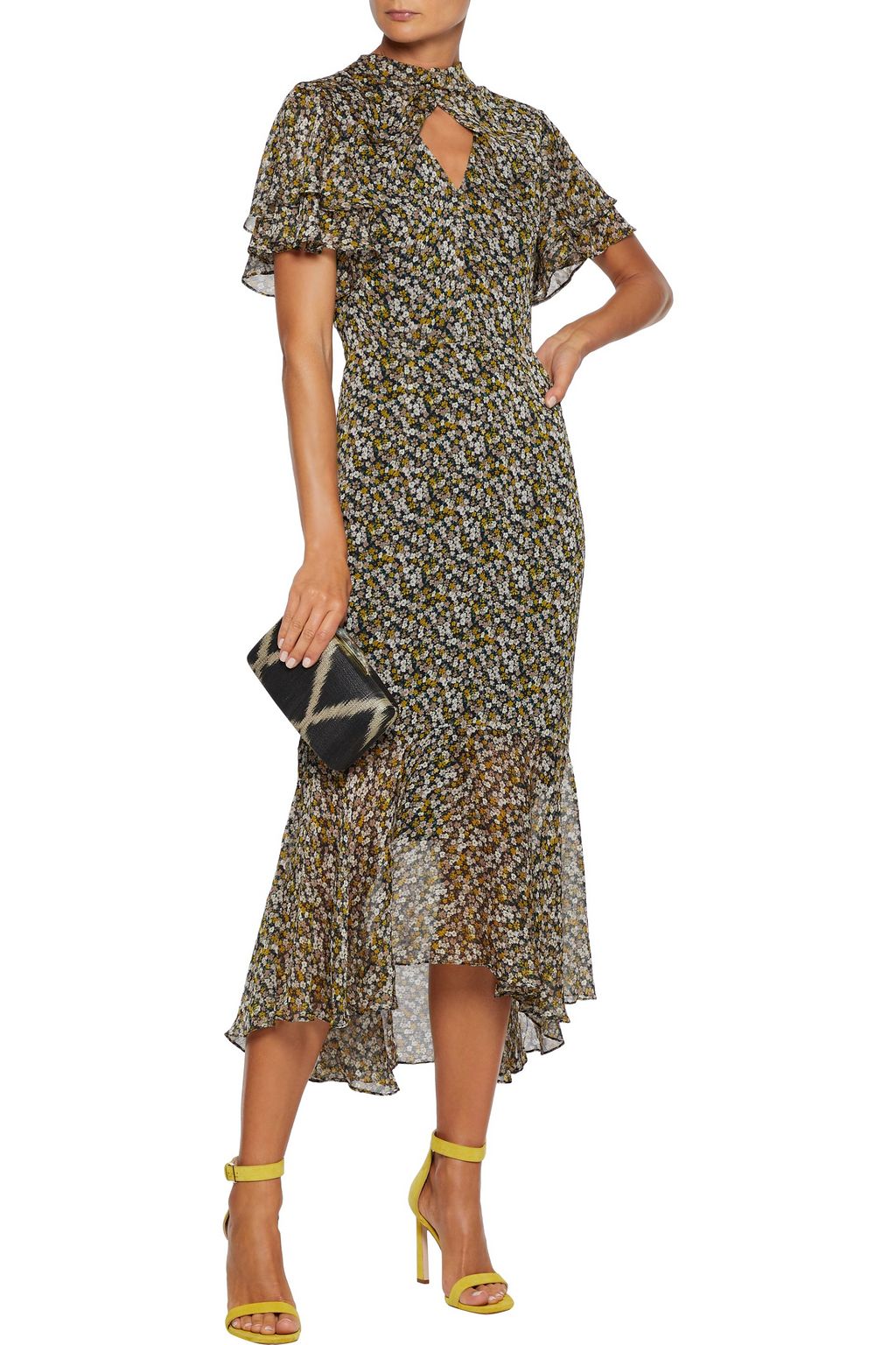 MIKAEL AGHAL Fluted cutout floral-print georgette midi dress