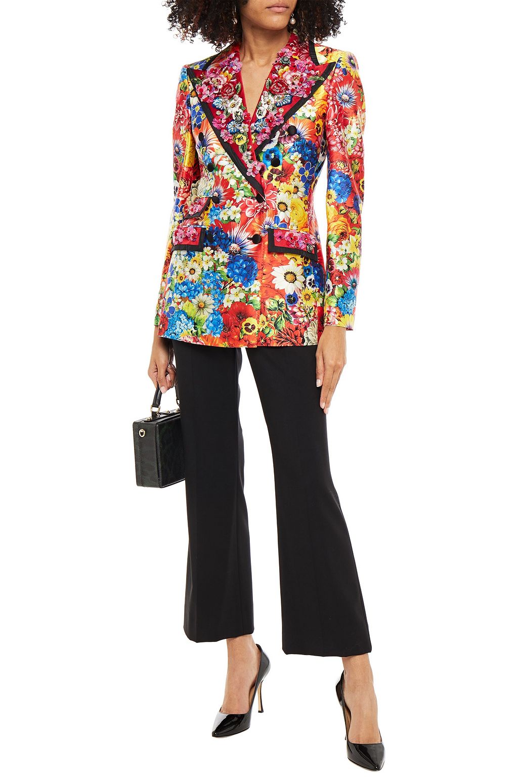 DOLCE&GABBANA Double-breasted embellished floral-print silk-blend satin blazer