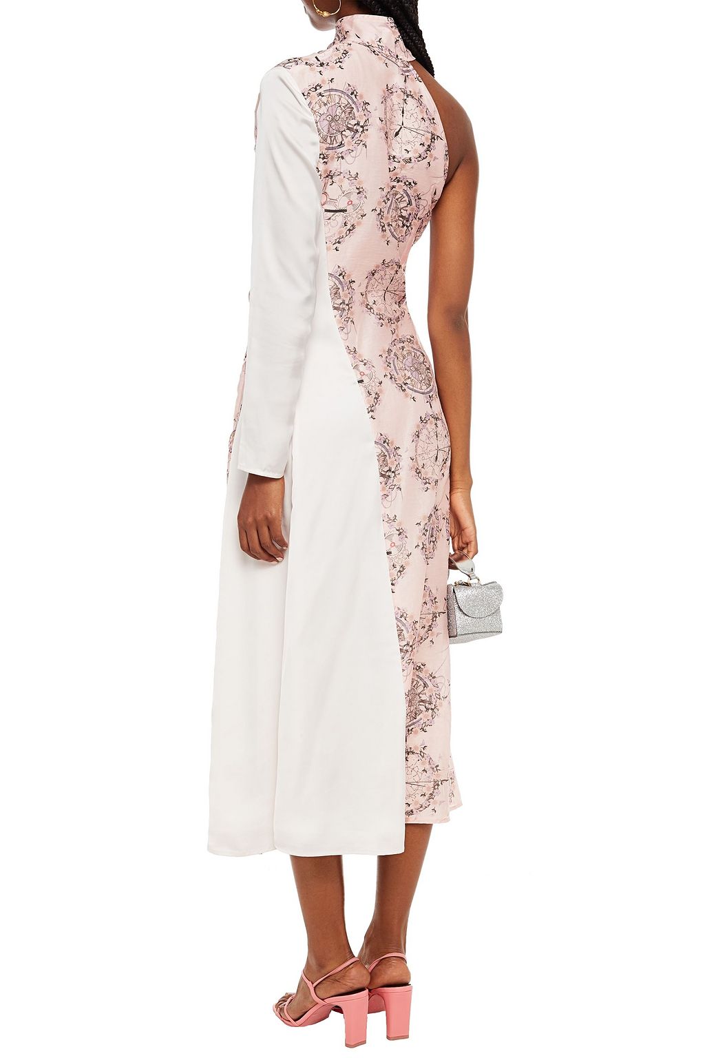 LEO LIN One-shoulder satin and printed organza midi dress