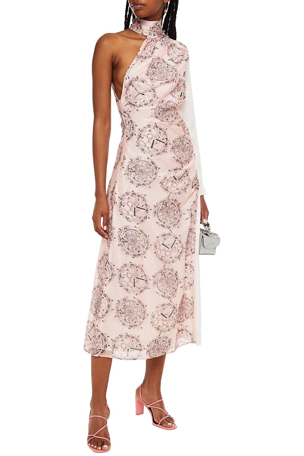 LEO LIN One-shoulder satin and printed organza midi dress