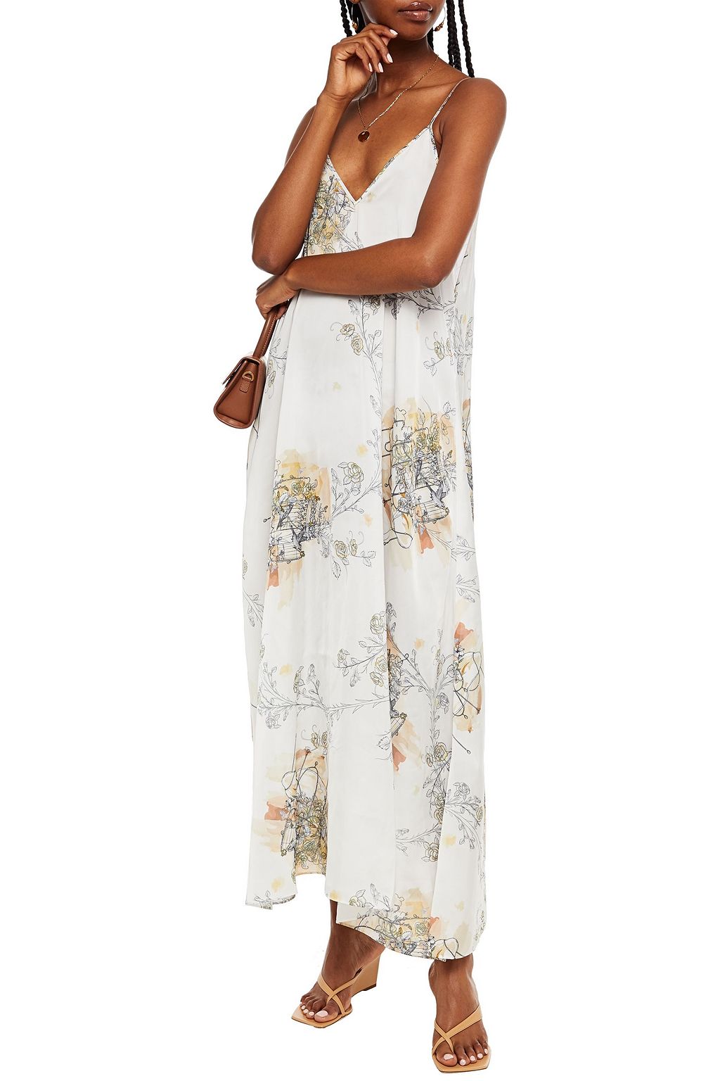 LEO LIN Aither asymmetric floral-print satin-crepe maxi slip dress