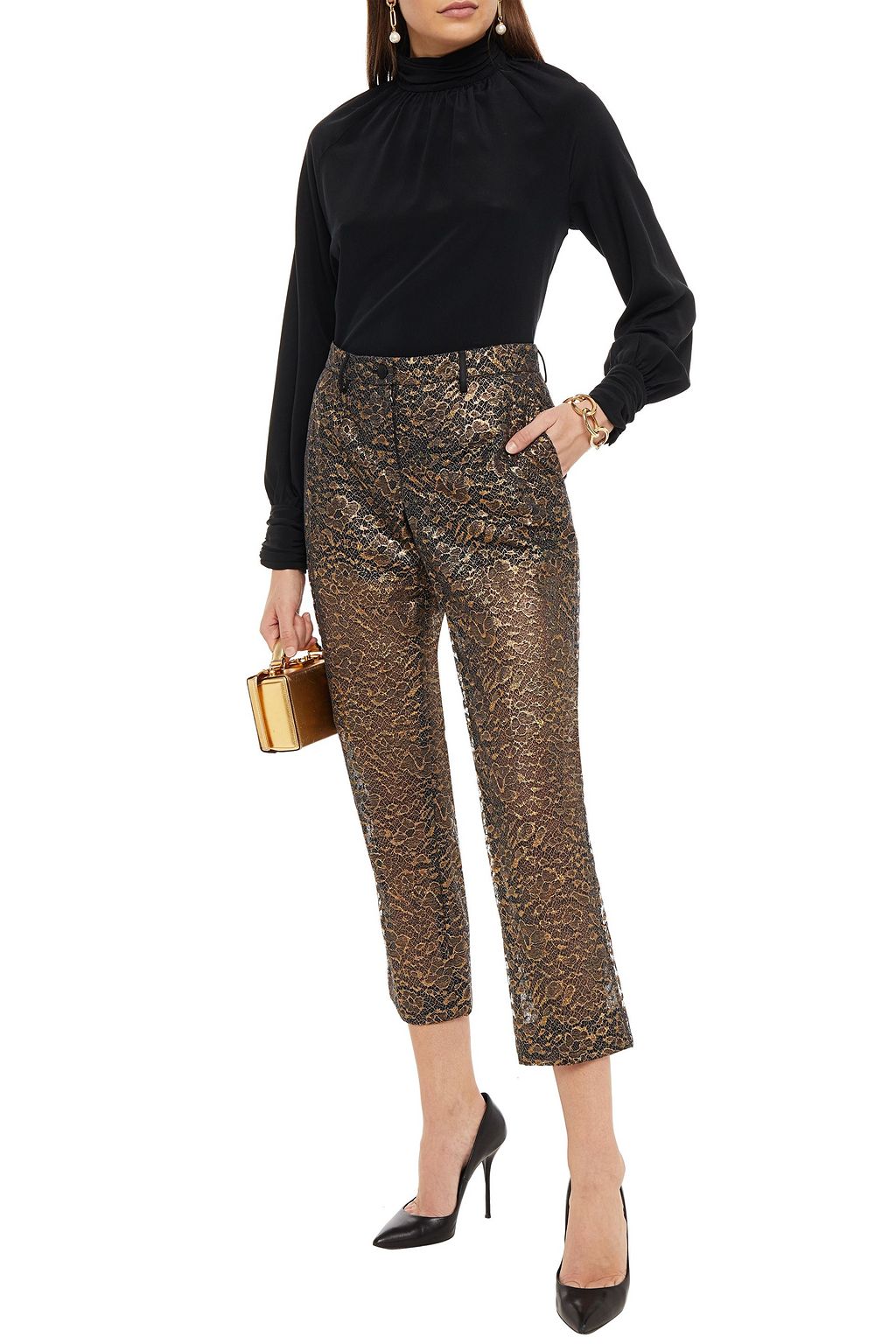 DOLCE&GABBANA Cropped metallic lace slim-leg pants