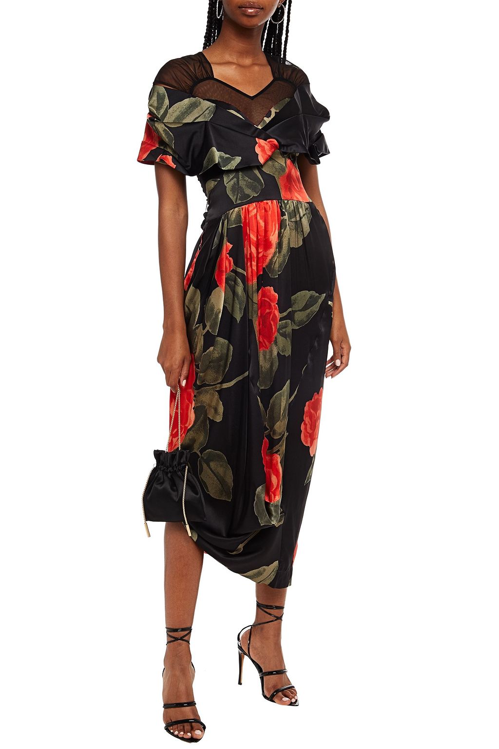 SIMONE ROCHA Tulle-paneled draped floral-print silk-satin midi dress