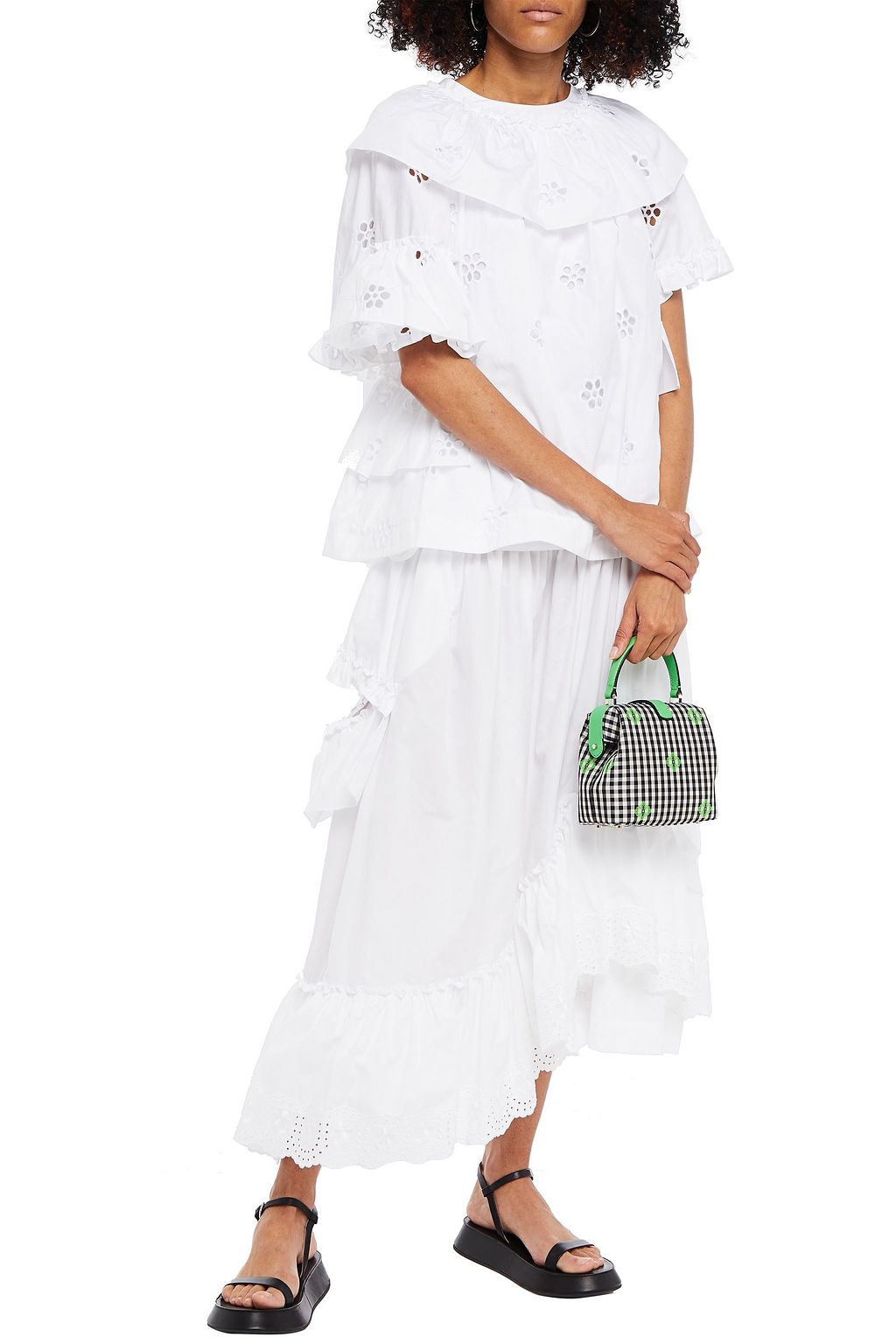 SIMONE ROCHA Broderie anglaise-trimmed gathered cotton-poplin midi skirt