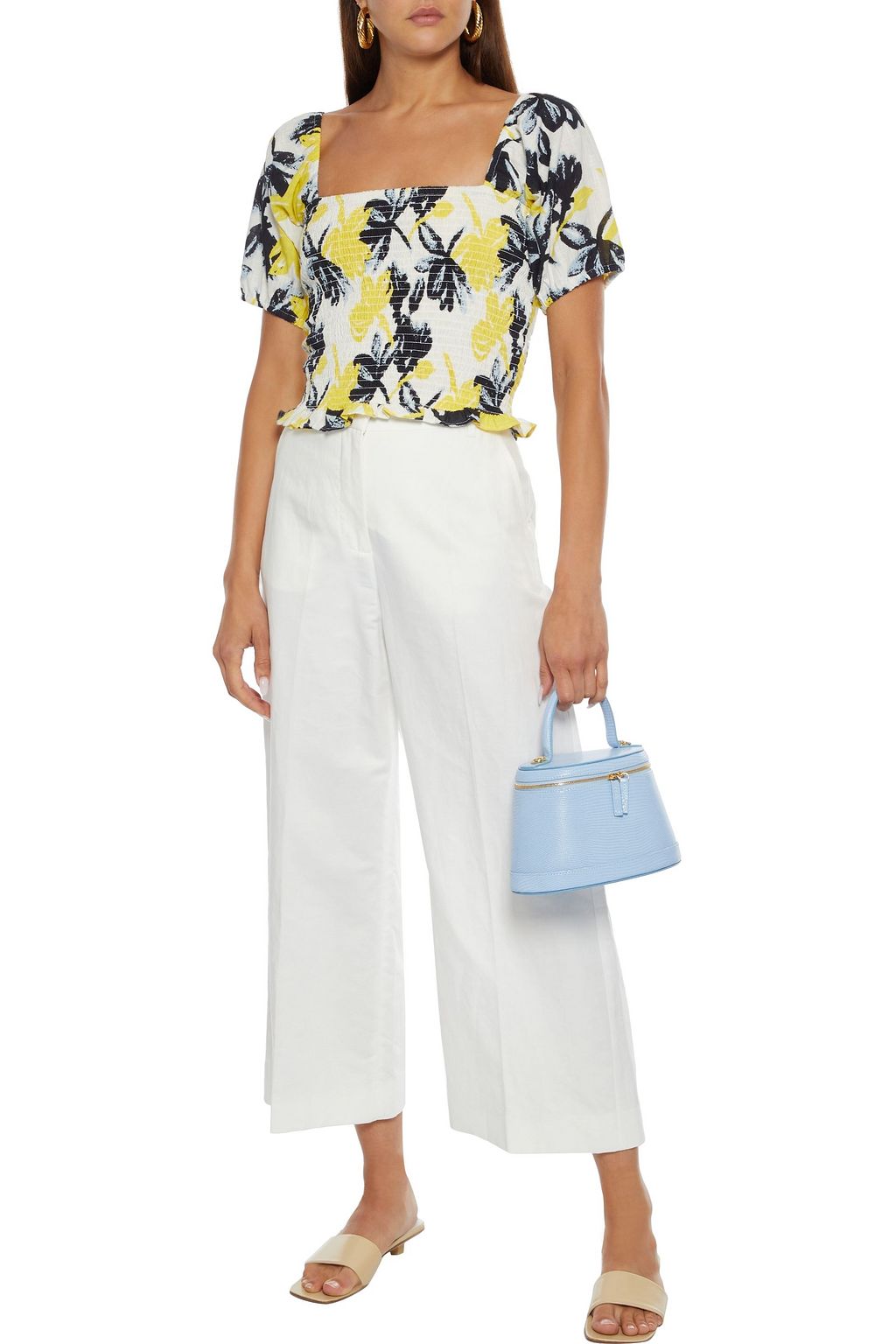 WALTER BAKER Mila cropped shirred printed cotton-gauze top