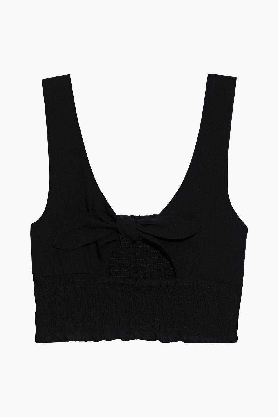 Cropped knotted shirred cotton-gauze top