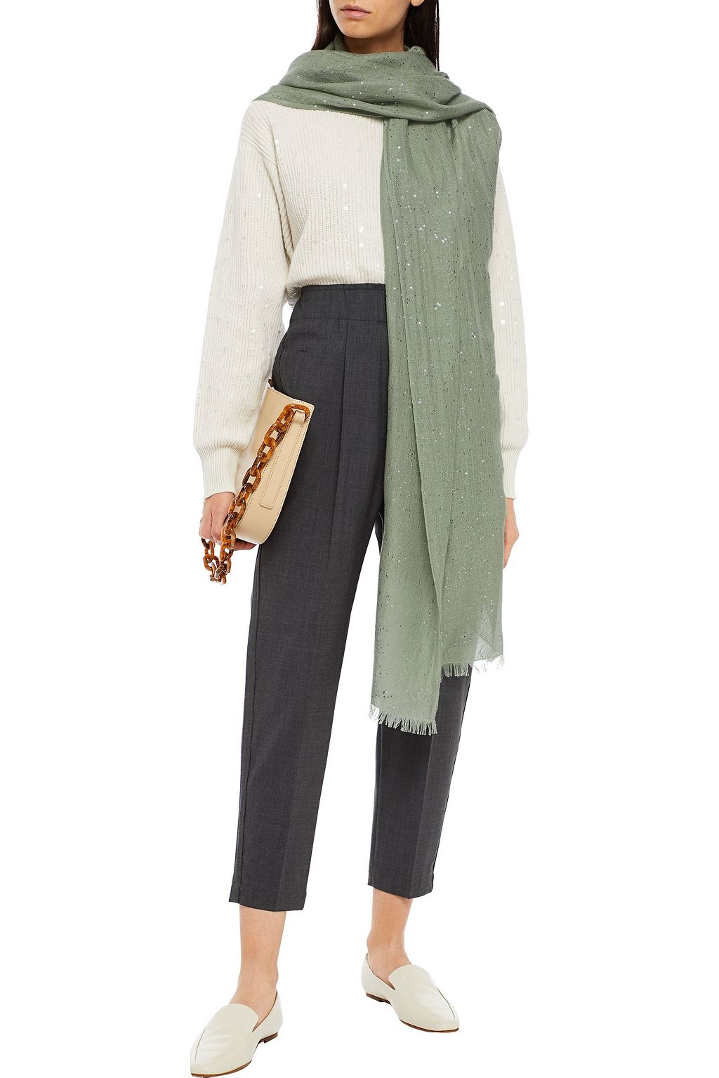 BRUNELLO CUCINELLI Sequined cashmere and silk-blend gauze scarf